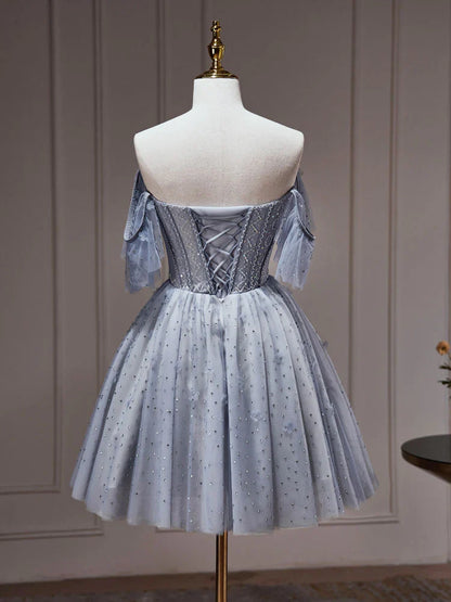 Vestido de fiesta corto de tul azul polvoriento con corte en A, vestido de bienvenida azul polvoriento ED0640