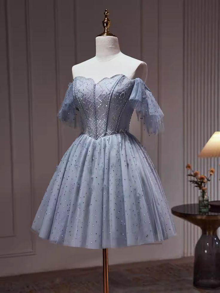 Vestido de fiesta corto de tul azul polvoriento con corte en A, vestido de bienvenida azul polvoriento ED0640