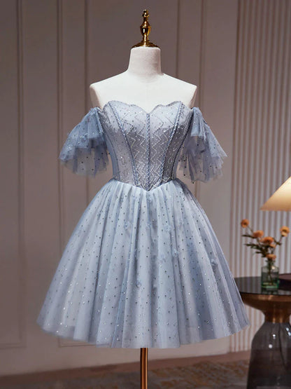 Vestido de fiesta corto de tul azul polvoriento con corte en A, vestido de bienvenida azul polvoriento ED0640