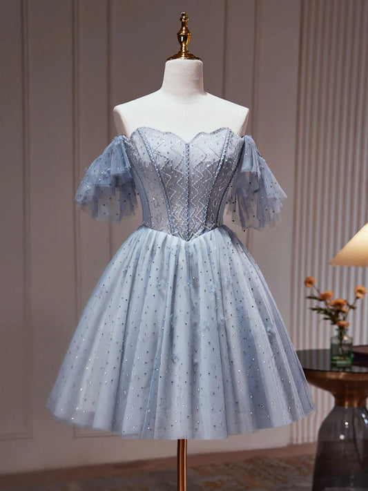 Vestido de fiesta corto de tul azul polvoriento con corte en A, vestido de bienvenida azul polvoriento ED0640