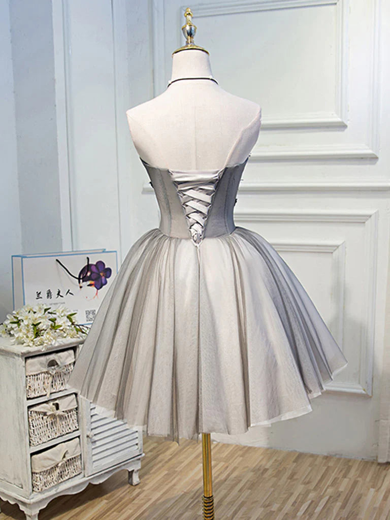 Vestido de fiesta corto de tul con escote corazón, color gris, con encaje, bonito vestido de bienvenida ED0643