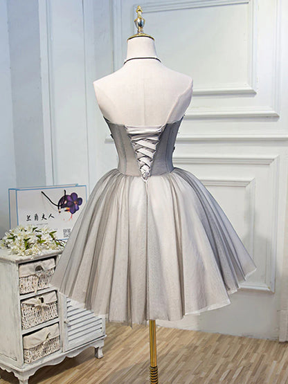 Vestido de fiesta corto de tul con escote corazón, color gris, con encaje, bonito vestido de bienvenida ED0643
