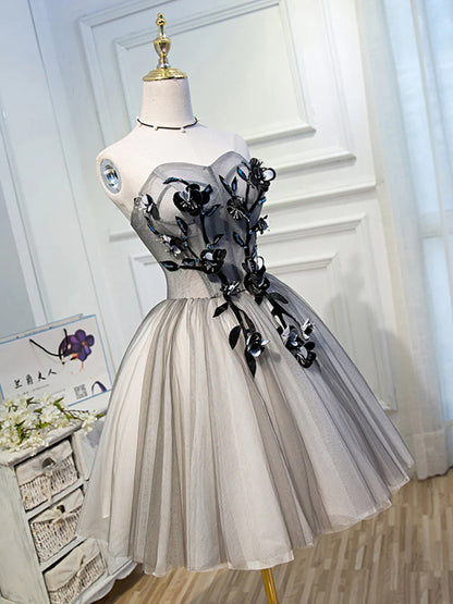 Vestido de fiesta corto de tul con escote corazón, color gris, con encaje, bonito vestido de bienvenida ED0643