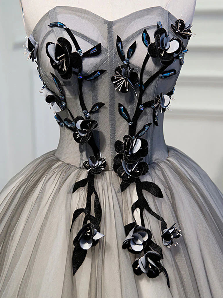 Vestido de fiesta corto de tul con escote corazón, color gris, con encaje, bonito vestido de bienvenida ED0643