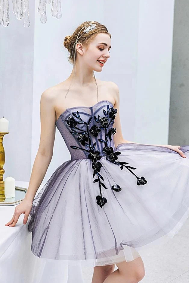 Vestido de fiesta corto de tul con escote corazón, color gris, con encaje, bonito vestido de bienvenida ED0643