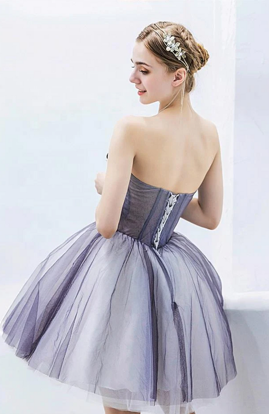 Vestido de fiesta corto de tul con escote corazón, color gris, con encaje, bonito vestido de bienvenida ED0643