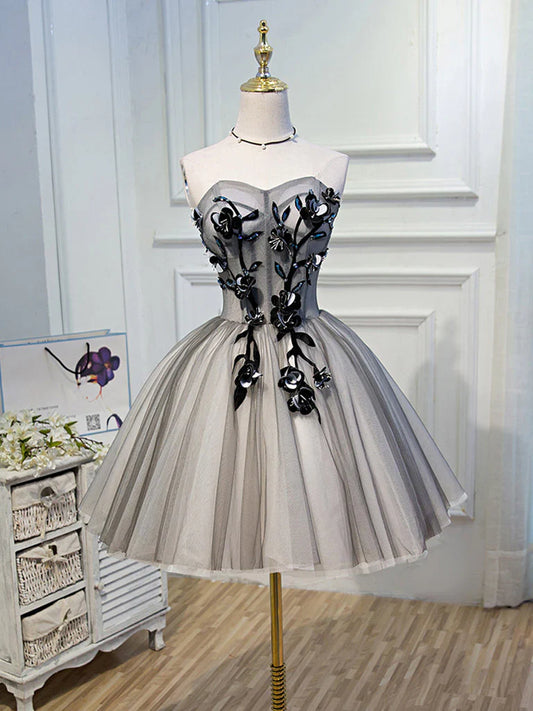 Vestido de fiesta corto de tul con escote corazón, color gris, con encaje, bonito vestido de bienvenida ED0643