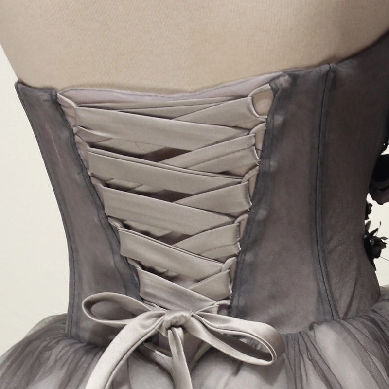 Vestido de fiesta corto de tul con escote corazón, color gris, con encaje, bonito vestido de bienvenida ED0643