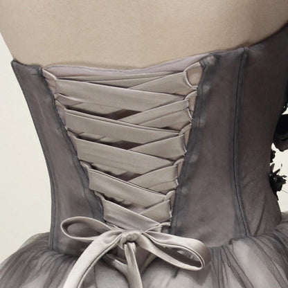 Vestido de fiesta corto de tul con escote corazón, color gris, con encaje, bonito vestido de bienvenida ED0643