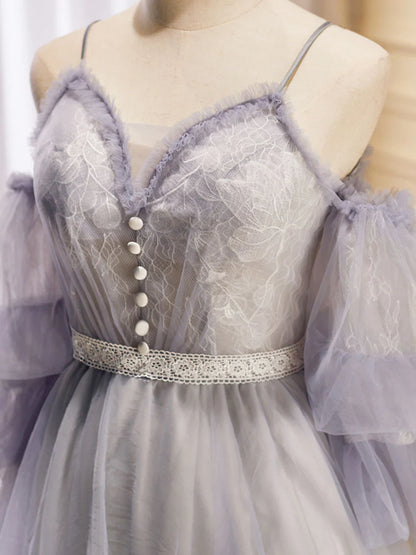 Vestido de fiesta corto de tul con encaje en forma de A en color morado claro, vestido de bienvenida en morado claro ED0644
