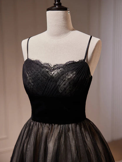Vestido de fiesta corto negro de tul con encaje y corte en A, vestido de bienvenida negro ED0645