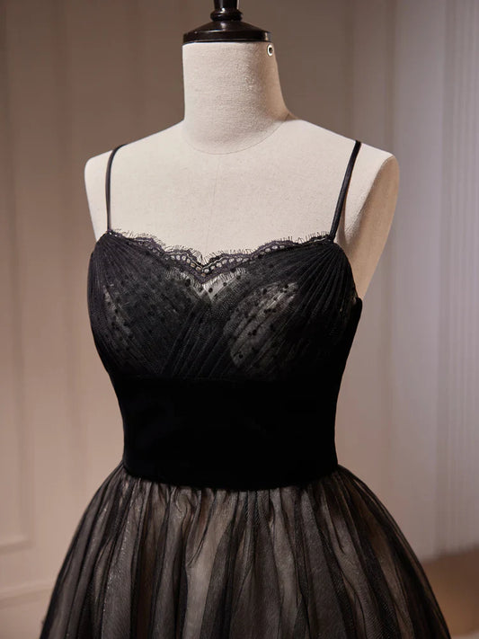 Vestido de fiesta corto negro de tul con encaje y corte en A, vestido de bienvenida negro ED0645