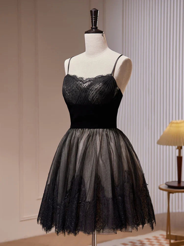 Vestido de fiesta corto negro de tul con encaje y corte en A, vestido de bienvenida negro ED0645