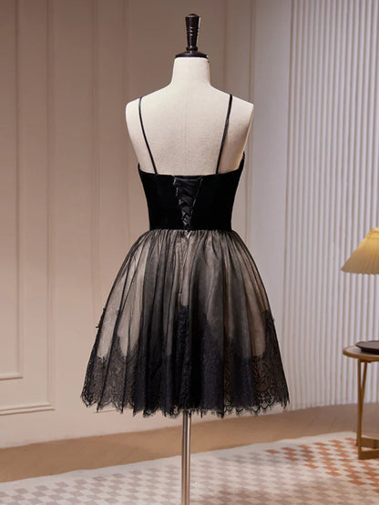 Vestido de fiesta corto negro de tul con encaje y corte en A, vestido de bienvenida negro ED0645