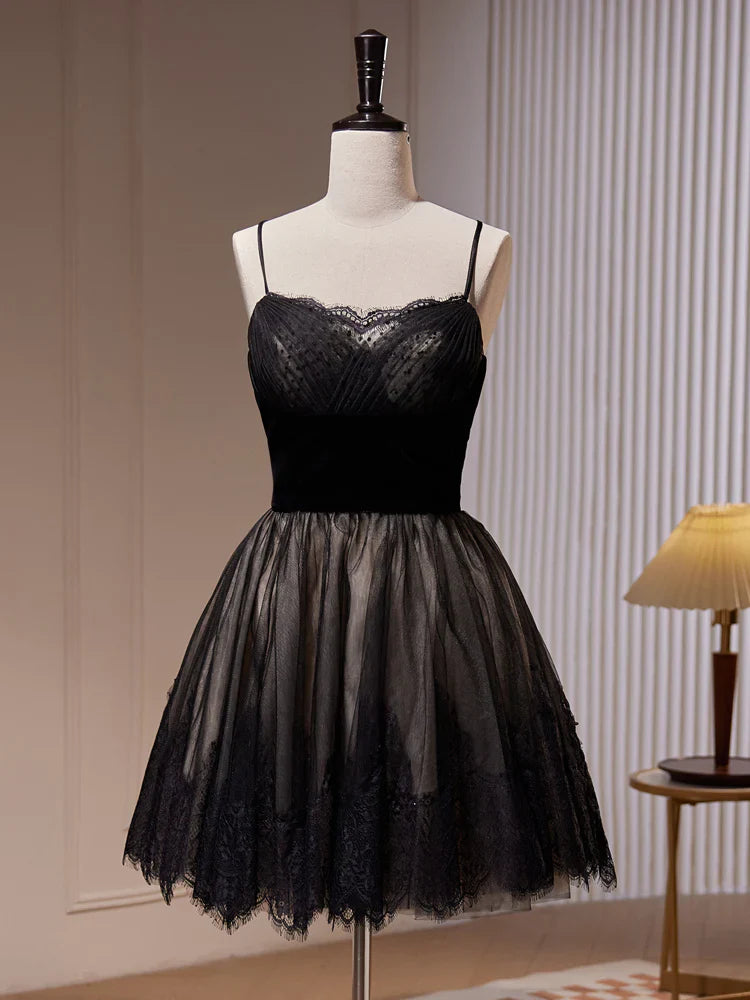 Vestido de fiesta corto negro de tul con encaje y corte en A, vestido de bienvenida negro ED0645