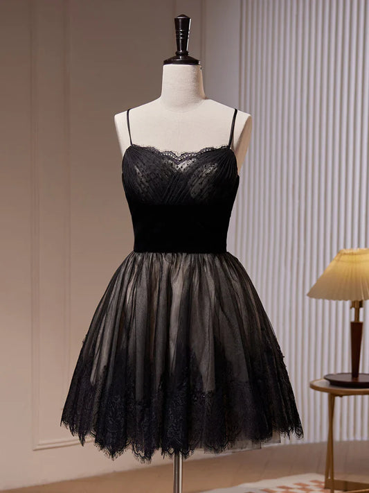 Vestido de fiesta corto negro de tul con encaje y corte en A, vestido de bienvenida negro ED0645