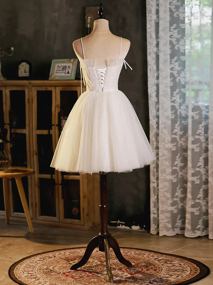 Vestido de fiesta corto de tul beige con corte en A, bonito vestido de bienvenida beige ED0646