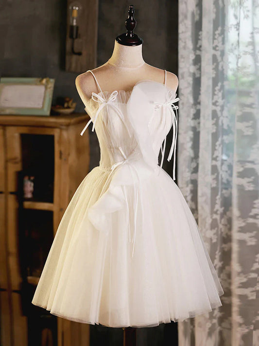 Vestido de fiesta corto de tul beige con corte en A, bonito vestido de bienvenida beige ED0646