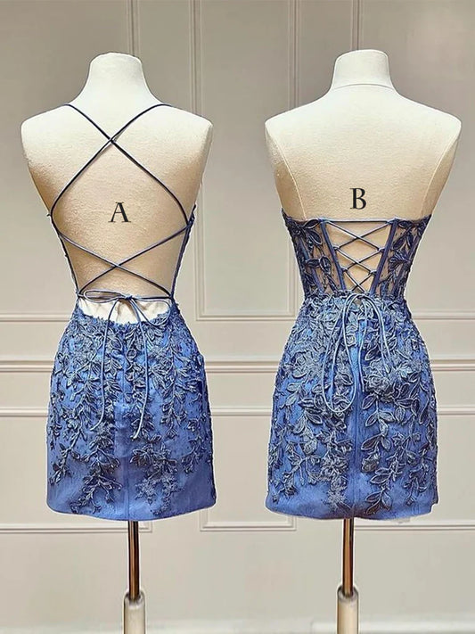 Vestido de fiesta corto de encaje con escote corazón azul, vestido de bienvenida azul ED0648