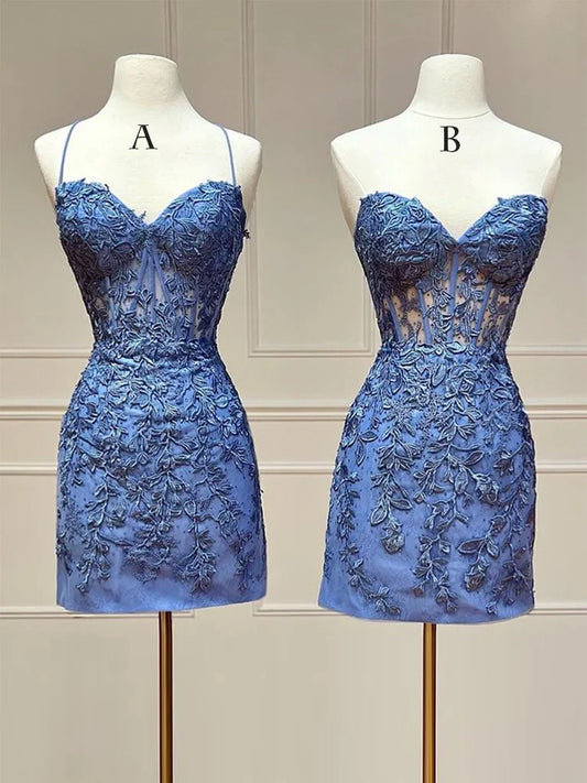 Vestido de fiesta corto de encaje con escote corazón azul, vestido de bienvenida azul ED0648