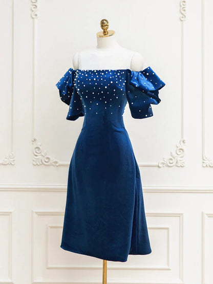 Vestido de fiesta corto de terciopelo negro con hombros descubiertos y cuentas, vestido de noche negro ED0649