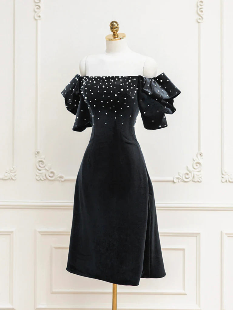 Vestido de fiesta corto de terciopelo negro con hombros descubiertos y cuentas, vestido de noche negro ED0649