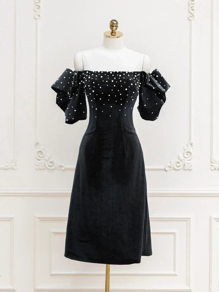 Vestido de fiesta corto de terciopelo negro con hombros descubiertos y cuentas, vestido de noche negro ED0649