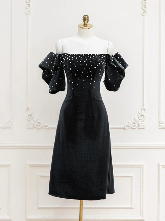 Vestido de fiesta corto de terciopelo negro con hombros descubiertos y cuentas, vestido de noche negro ED0649