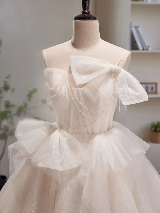 Vestido de fiesta corto de tul beige con lentejuelas, vestido de bienvenida beige ED0650