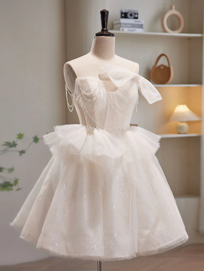 Vestido de fiesta corto de tul beige con lentejuelas, vestido de bienvenida beige ED0650