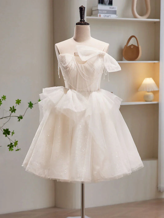 Vestido de fiesta corto de tul beige con lentejuelas, vestido de bienvenida beige ED0650