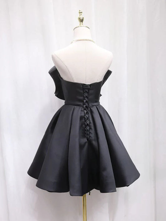 Vestido de fiesta corto de satén y tul negro, vestido de bienvenida negro ED0651