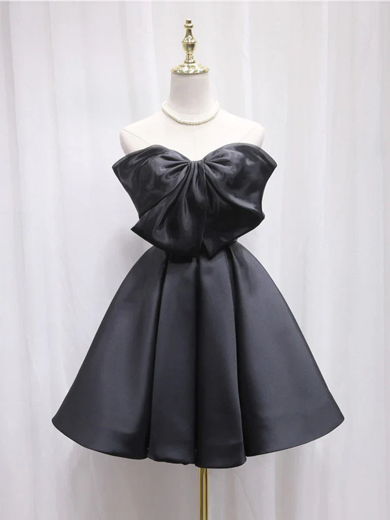 Vestido de fiesta corto de satén y tul negro, vestido de bienvenida negro ED0651