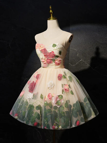 Vestido corto de tul con flores 3D color champán, bonito vestido de fiesta color champán ED0652