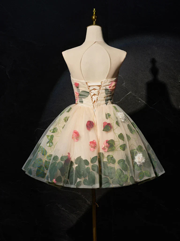 Vestido corto de tul con flores 3D color champán, bonito vestido de fiesta color champán ED0652