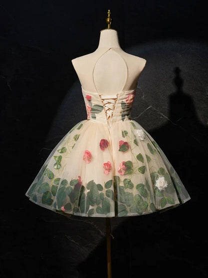 Vestido corto de tul con flores 3D color champán, bonito vestido de fiesta color champán ED0652