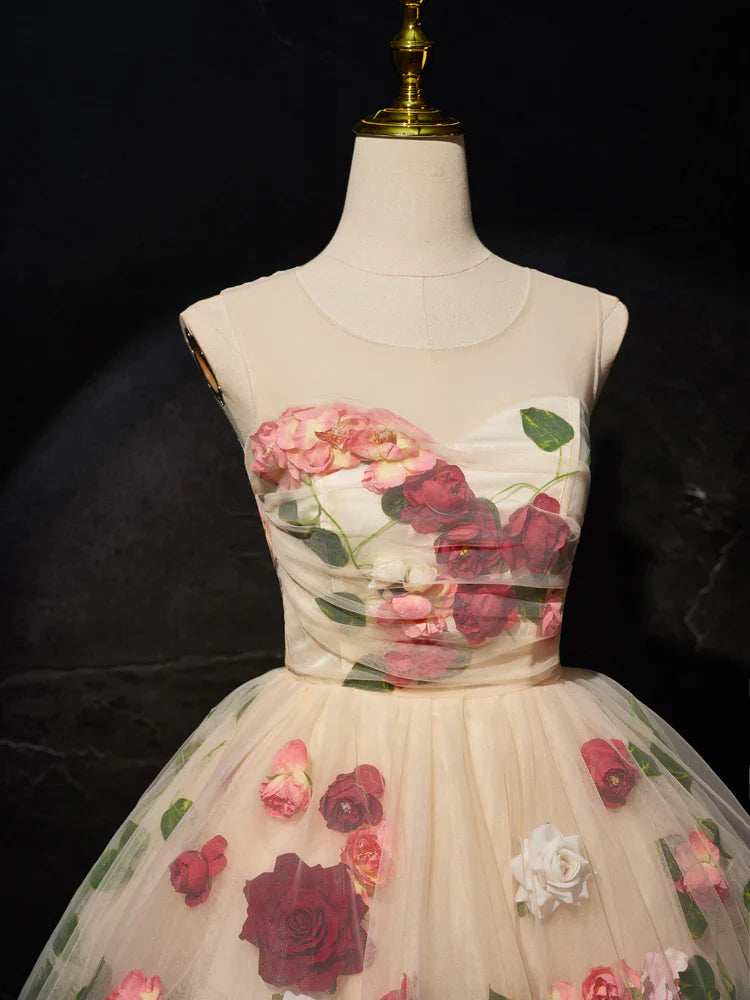 Vestido corto de tul con flores 3D color champán, bonito vestido de fiesta color champán ED0652