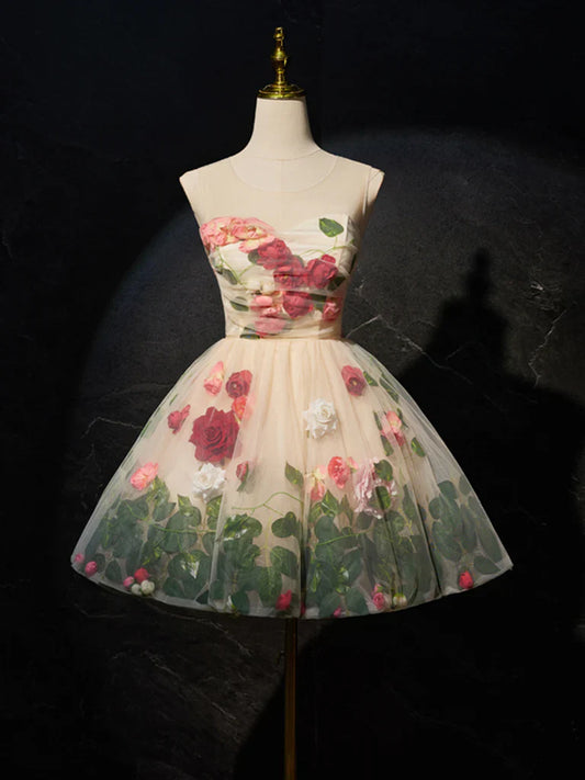 Vestido corto de tul con flores 3D color champán, bonito vestido de fiesta color champán ED0652