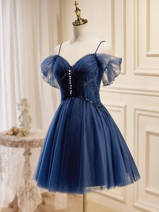Vestidos de fiesta cortos azul oscuro de corte A, vestido de bienvenida azul oscuro ED0653