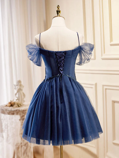 Vestidos de fiesta cortos azul oscuro de corte A, vestido de bienvenida azul oscuro ED0653