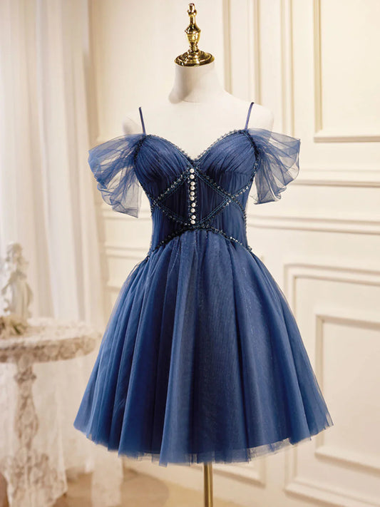 Vestidos de fiesta cortos azul oscuro de corte A, vestido de bienvenida azul oscuro ED0653