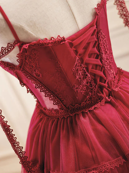 Vestidos de fiesta cortos de tul burdeos con encaje y corte en A, vestidos de fiesta burdeos ED0654