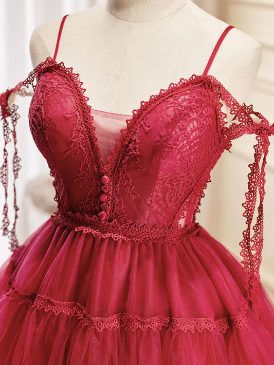 Vestidos de fiesta cortos de tul burdeos con encaje y corte en A, vestidos de fiesta burdeos ED0654