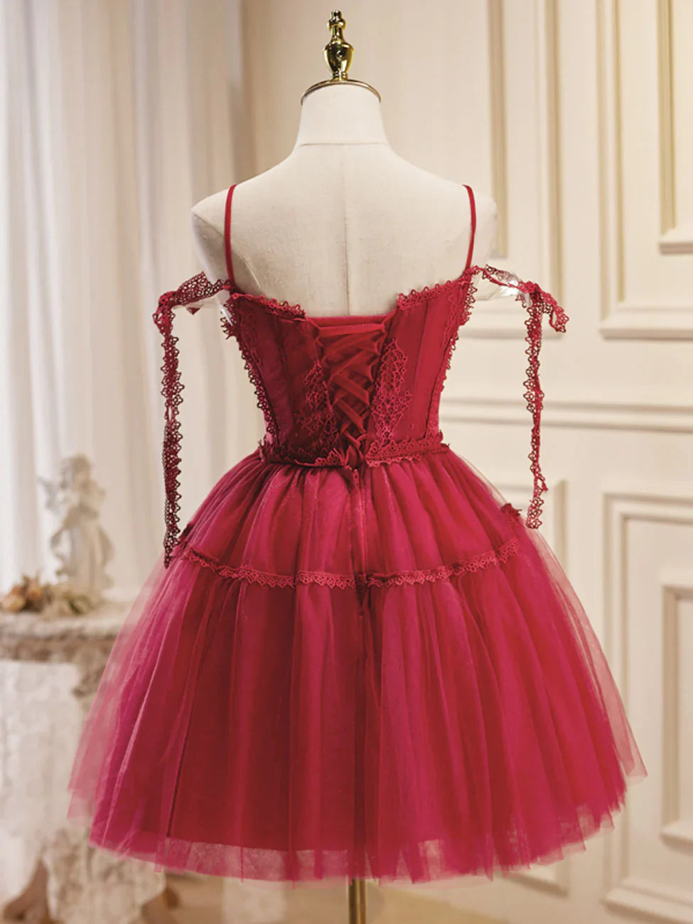 Vestidos de fiesta cortos de tul burdeos con encaje y corte en A, vestidos de fiesta burdeos ED0654