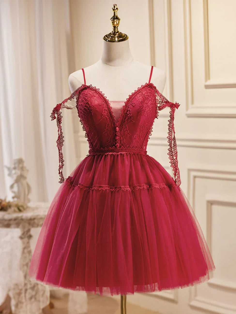 Vestidos de fiesta cortos de tul burdeos con encaje y corte en A, vestidos de fiesta burdeos ED0654
