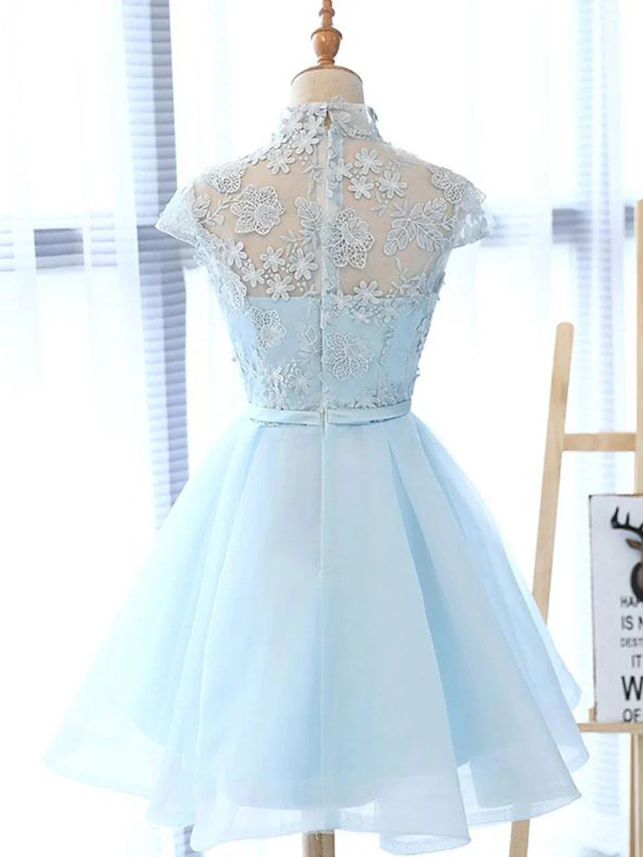 Vestido de fiesta corto azul de encaje con cuello alto y corte A, vestido de bienvenida azul ED0656