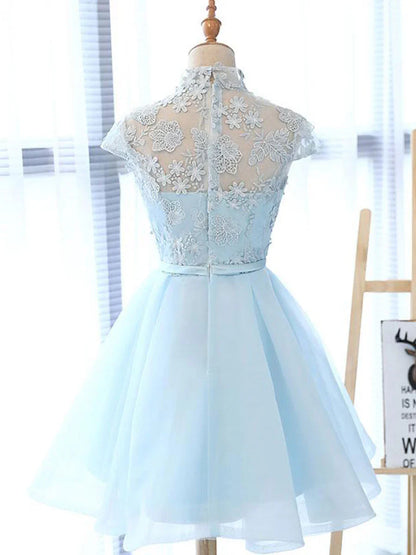 Vestido de fiesta corto azul de encaje con cuello alto y corte A, vestido de bienvenida azul ED0656
