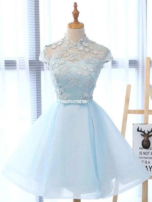 Vestido de fiesta corto azul de encaje con cuello alto y corte A, vestido de bienvenida azul ED0656