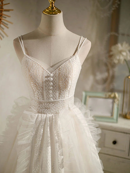 Vestido de fiesta corto de encaje de tul con escote en V color marfil, vestido de cóctel de encaje ED0657