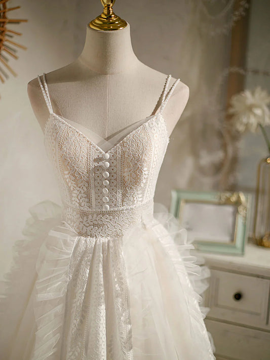 Vestido de fiesta corto de encaje de tul con escote en V color marfil, vestido de cóctel de encaje ED0657